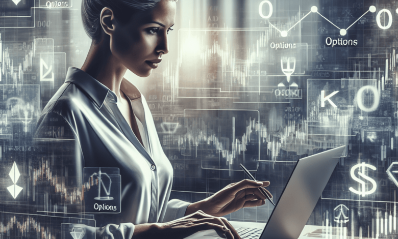 A Caucasian female trader is seated at a sleek desk in a modern office, intently analyzing complex financial charts on her laptop. Her expression is f