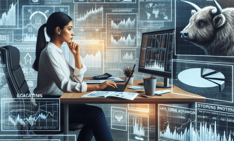 A Hispanic female financial analyst is deeply focused on her work at a modern desk cluttered with various charts and graphs related to Long-Term Equit