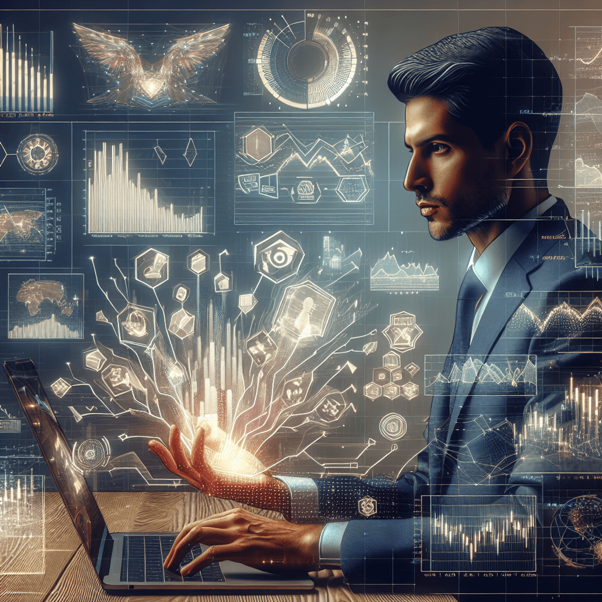 A Hispanic male trading analyst intently analyzes historical options chain data on a laptop, surrounded by abstract visual representations of financial data, including colorful charts, 3D graphs, and intricate diagrams. The scene features symbolic elements of strategic trading, such as stylized candlestick patterns and an overlay of Exponential Moving Average (EMA), emphasizing the analytical nature of informed decision-making in finance.