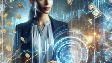 A South Asian female in business attire, confidently analyzing a futuristic virtual trading screen surrounded by symbolic representations of wealth.