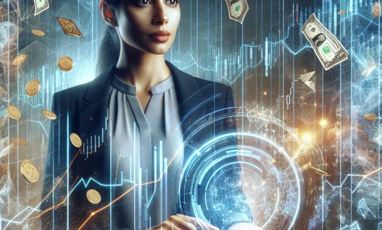 A South Asian female in business attire, confidently analyzing a futuristic virtual trading screen surrounded by symbolic representations of wealth.