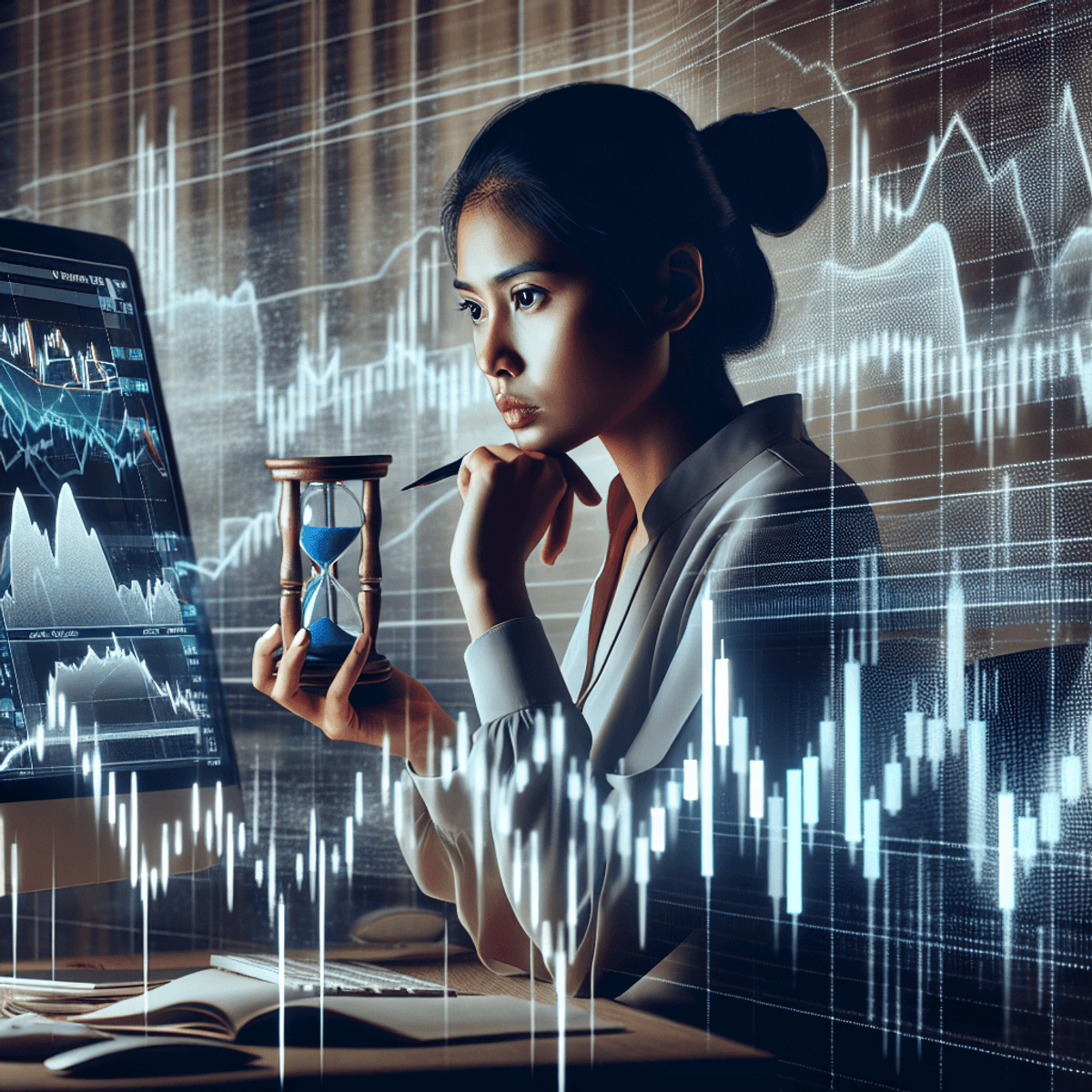 A South Asian female stock market trader, focused and contemplative, studies her computer screen displaying intricate graphs with sharp rises and falls, alongside hourglass symbols representing time passing and theta decay. The room is professional, well-lit, and organized, enhancing the atmosphere of intense decision-making. Her expression reflects determination as she navigates the complexities of trading operations.