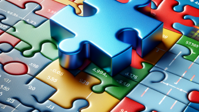 A blue puzzle piece fitting perfectly into a larger puzzle with various shades of red, yellow, and green.