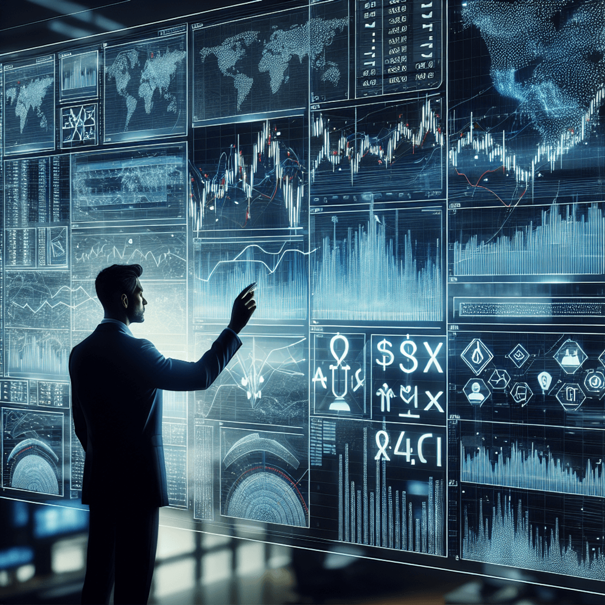 A bustling stock market scene featuring a complex trading screen filled with abstract graphics and symbols representing historical data. The screen showcases trend lines, candlestick charts, and various pricing models, all conveyed through intricate visualizations without any legible text. In the foreground, a silhouette of a professional trader in business attire is seen intently analyzing the data displayed on the screen. The trader's gender and descent are ambiguous, emphasizing focus and concentration on the dynamic market information.