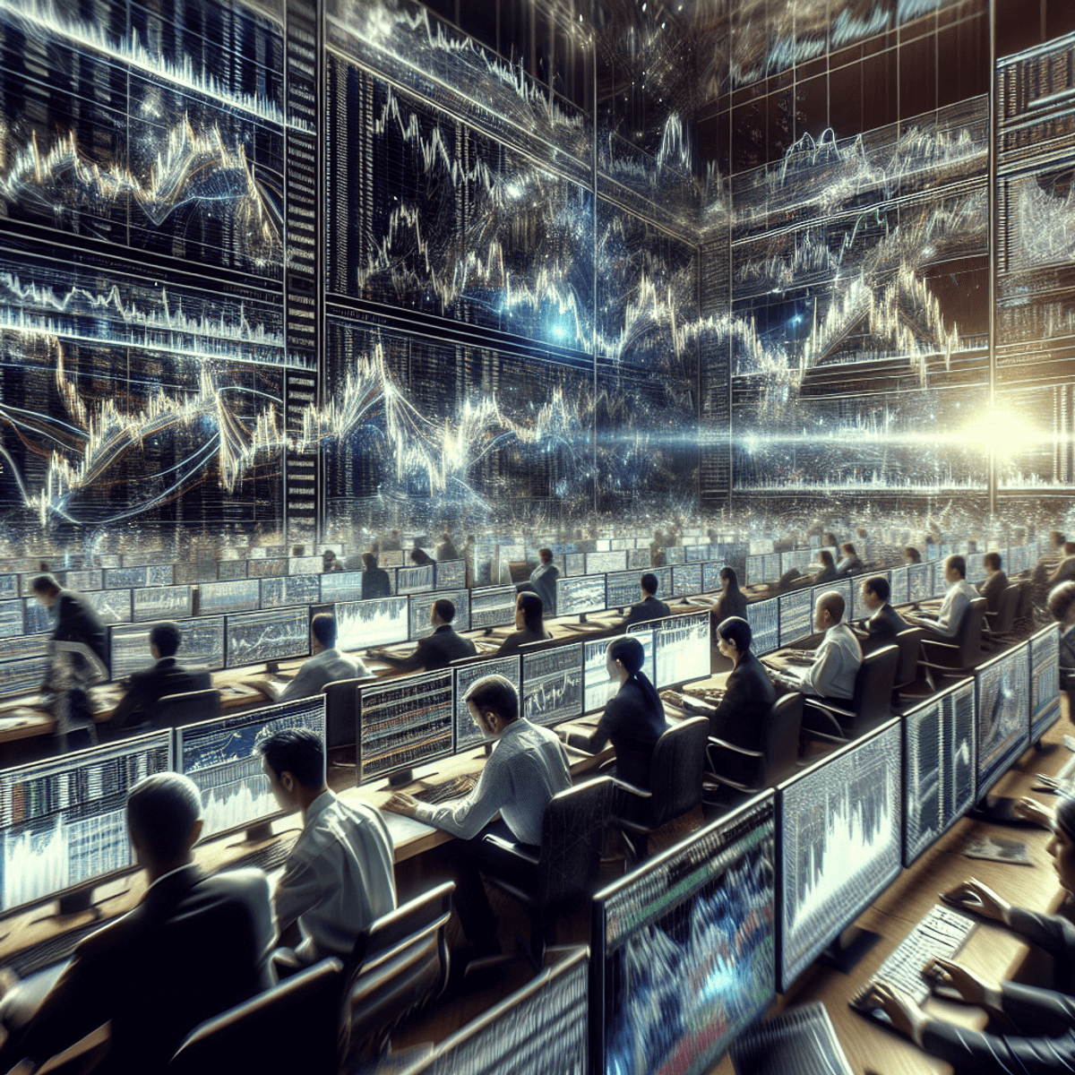 A bustling stock trading floor filled with Caucasian traders actively engaged in their work. Traders are intently focused on multiple computer screens that showcase intricate stock charts and options data, with vibrant colors and complex graphs. The atmosphere is electrifying, capturing the intensity of the trading environment. Expressions of concentration and urgency are evident on the traders' faces as they communicate with each other, surrounded by the dynamic motions of their hands gesturing towards the screens. The scene is a vivid representation of modern financial tools and strategies, emphasizing the importance of market liquidity without any legible text visible.