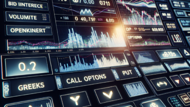 A close-up image of a computer screen broadcasting a stock market trading interface with symbols and graphics representing an option pricing table, bi