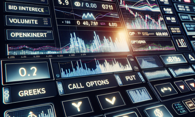 A close-up image of a computer screen broadcasting a stock market trading interface with symbols and graphics representing an option pricing table, bi