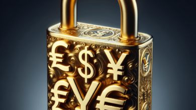 A close-up image of a luxurious gold padlock, intricately designed with the symbols of global currency instead of the standard design.