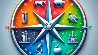 A compass with sectors representing different stock market sectors using symbols such as a bull, bear, tower, microscope, factory, and apple.