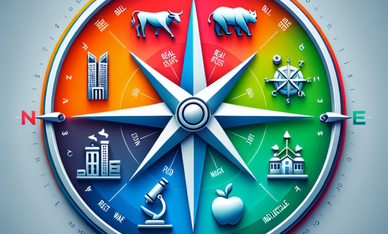 A compass with sectors representing different stock market sectors using symbols such as a bull, bear, tower, microscope, factory, and apple.