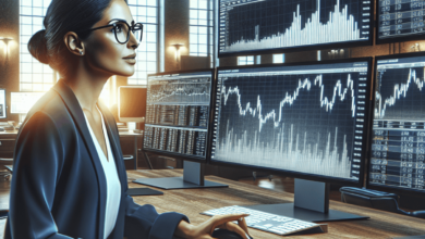 A confident Hispanic female trader intently analyzes historical options chain data on multiple screens in a sleek, modern office. Her desk is cluttere