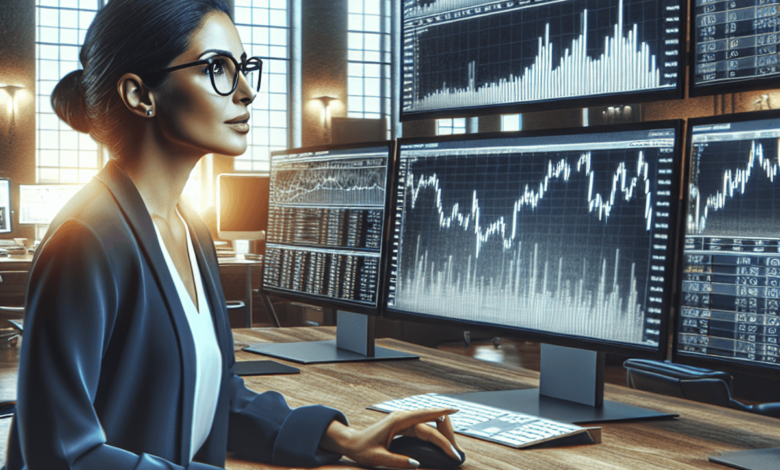 A confident Hispanic female trader intently analyzes historical options chain data on multiple screens in a sleek, modern office. Her desk is cluttere