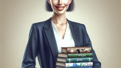 A confident businesswoman holding a stack of financial books.