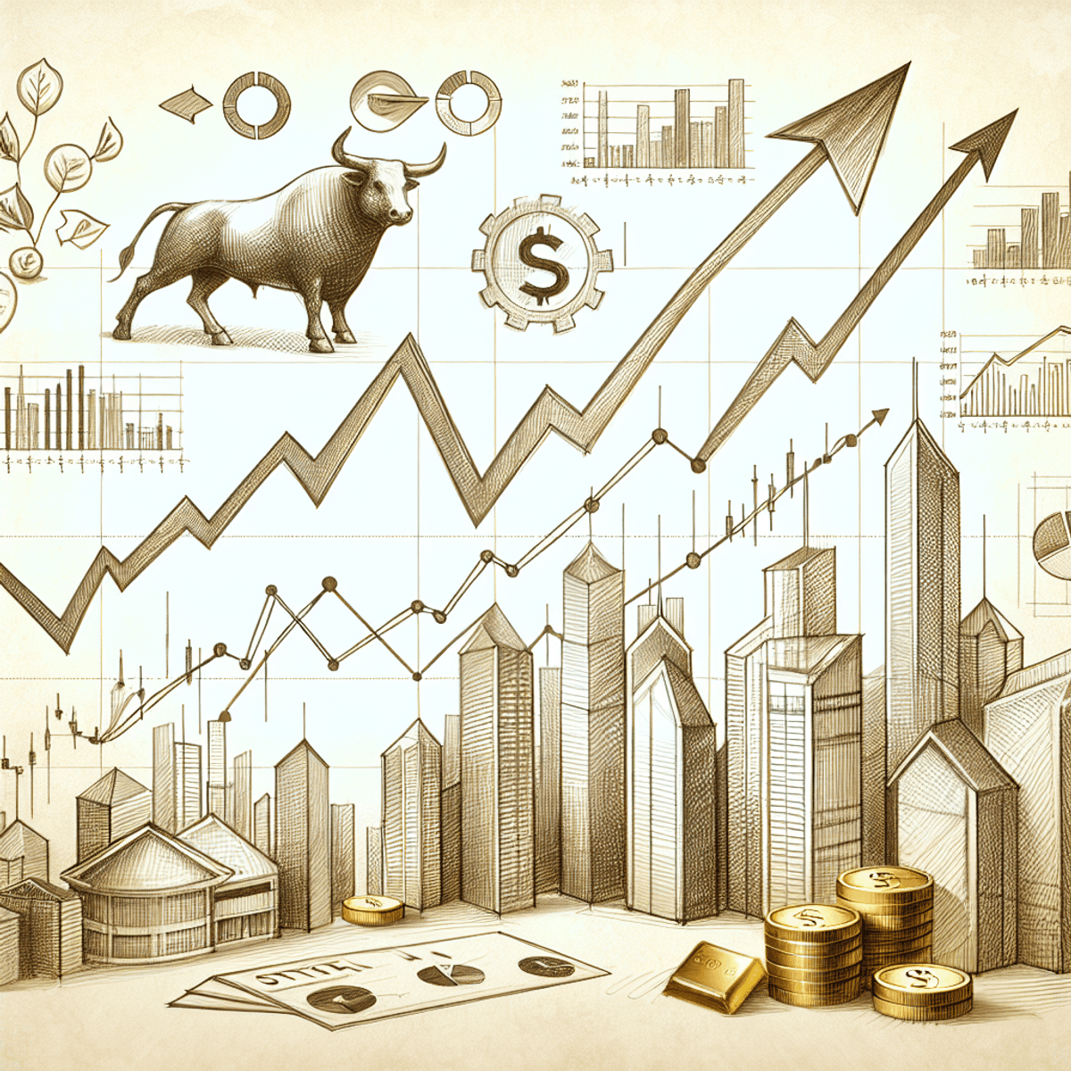 A detailed sketch of a stock market chart featuring an upward trend with prominent rise and drop points. The trend lines are illustrated in an ascending direction, accompanied by symbolic elements such as ascending arrows, positive statistics represented pictorially, and symbols of wealth like gold bars and sleek business buildings. A bull symbolizing market growth is subtly integrated into the backdrop, conveying a thriving economic environment and financial optimism.