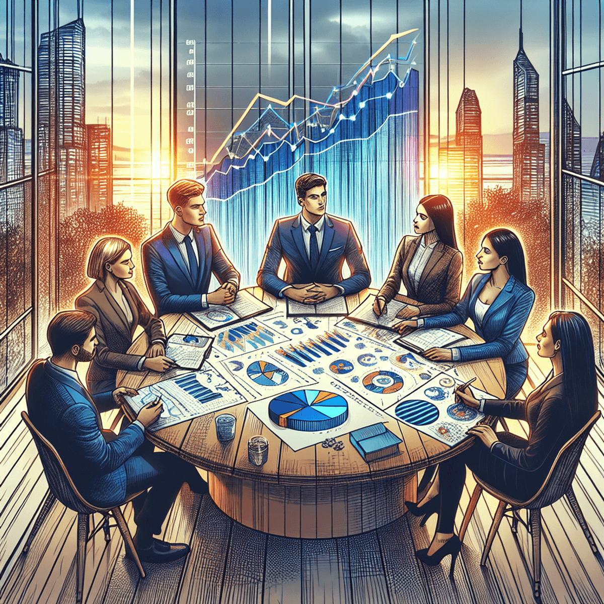 A diverse group of five individuals engaged in an intense discussion around a round wooden table filled with charts and graphs. The group includes two Caucasian individuals (one man and one woman) and three Hispanic individuals (one man, one woman, and a non-binary person), all dressed in professional attire. The backdrop features a large glass window showcasing a vibrant city skyline at sundown, emphasizing the connection between their discussion and the urban economy.