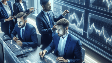 A diverse group of skilled options traders, gathered around digital screens displaying stock charts in a modern trading room. They are engaged in an e