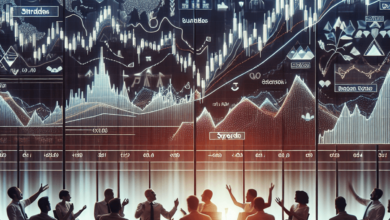 A diverse group of traders, animatedly discussing near a large screen displaying complex financial charts and various options strategies. The screen f