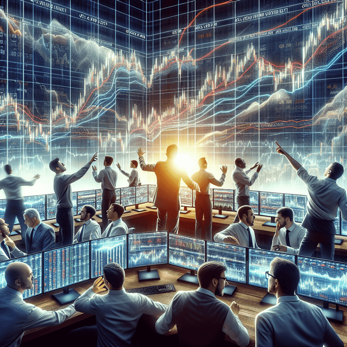 A diverse group of traders, intensely engaging around multiple screens filled with financial charts, showcasing animated expressions and stances that reflect the high demand and uncertainty of options trading in a bustling trading room atmosphere.