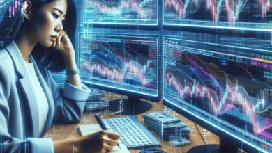 A focused Asian female trader sits at a cluttered desk surrounded by multiple computer screens displaying vibrant candlestick charts, numerical data,