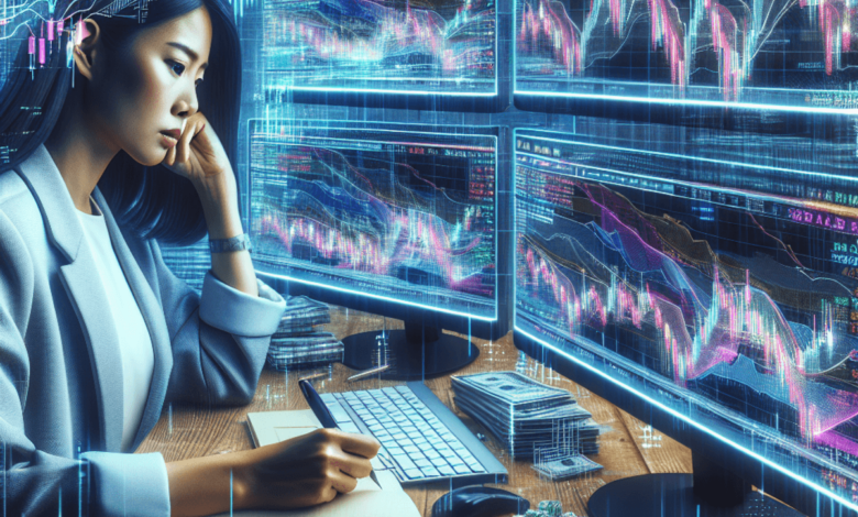 A focused Asian female trader sits at a cluttered desk surrounded by multiple computer screens displaying vibrant candlestick charts, numerical data,