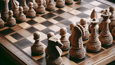 A high-stakes game of chess with intricately carved pieces on a realistic chessboard.