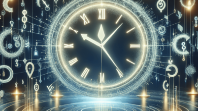 A large clock in the center, surrounded by various abstract symbols representing contracts, with glowing lines reaching each contract.