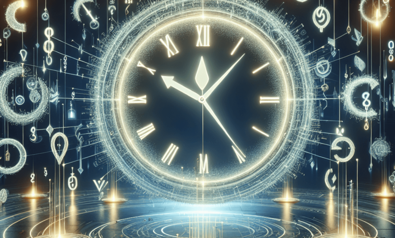 A large clock in the center, surrounded by various abstract symbols representing contracts, with glowing lines reaching each contract.