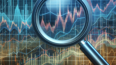 A magnifying glass hovering over a complex stock market graph, zooming in on a specific area.