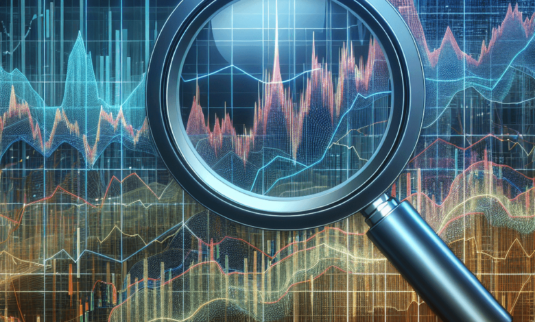 A magnifying glass hovering over a complex stock market graph, zooming in on a specific area.