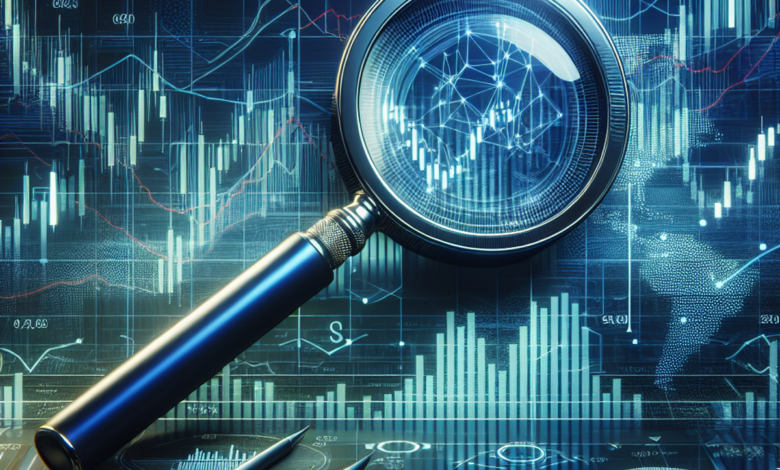 A magnifying glass hovering over a detailed stock chart with fluctuating bar graphs and lines representing changes in stock prices over time.