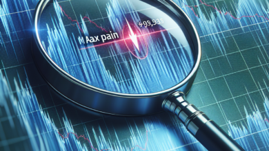 A magnifying glass hovers over a stressed point on a financial graph, emphasizing the area of 'max pain' price.