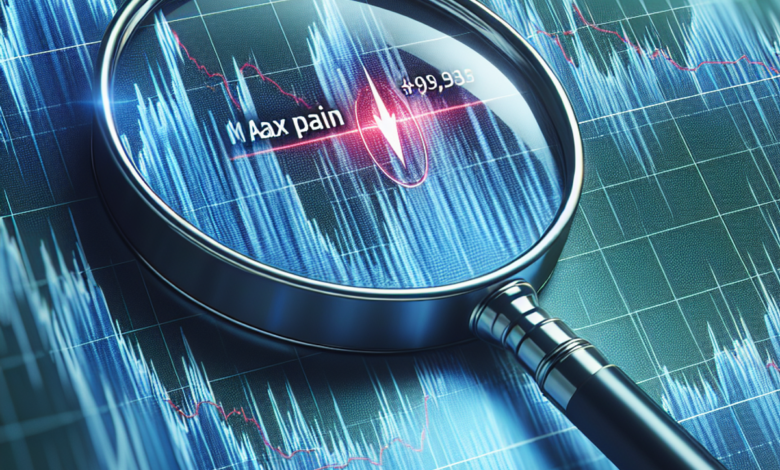 A magnifying glass hovers over a stressed point on a financial graph, emphasizing the area of 'max pain' price.