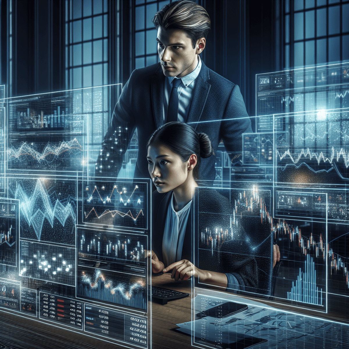 A realistic portrait of a modern office environment featuring a Caucasian male trader and a female trader deeply focused on analyzing stock market charts displayed on multiple screens. Both are dressed professionally, surrounded by glowing screens with abstract financial graphics, and a backdrop filled with charts, numbers, and financial news tickers, creating an atmosphere of intense focus and strategic planning.