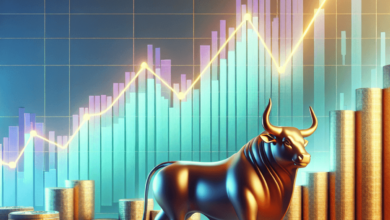 A stock market graph inclining steadily upwards with a bullish statue, golden coins, and a green arrow.