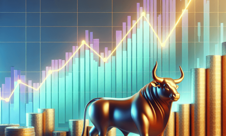 A stock market graph inclining steadily upwards with a bullish statue, golden coins, and a green arrow.