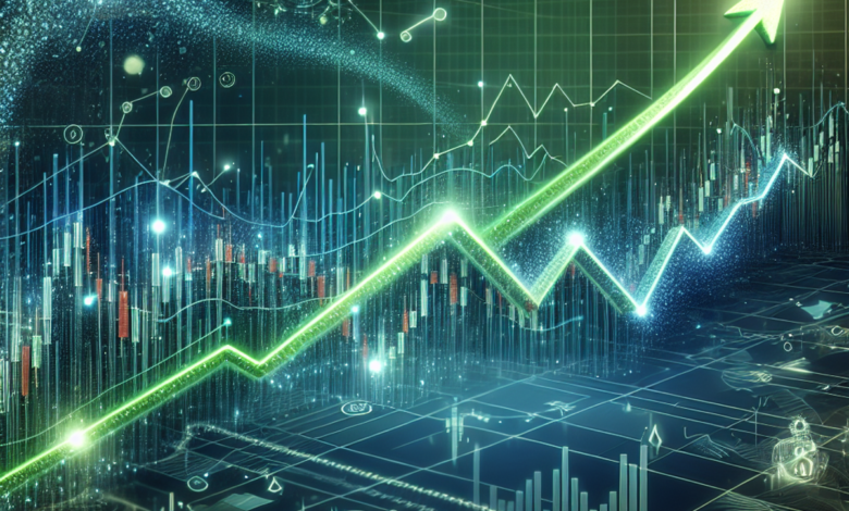 A stock market graph with a rising trend line and symbolic elements of day trading.