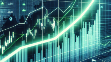 A stock market graph with a rising trend, upward arrows, and green coloration against a professional background.