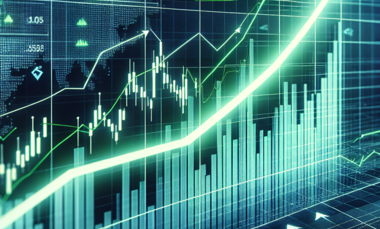 A stock market graph with a rising trend, upward arrows, and green coloration against a professional background.