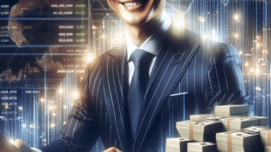 A successful Asian trader in a polished suit, surrounded by stacks of money and computer screens showing economic charts and graphs.