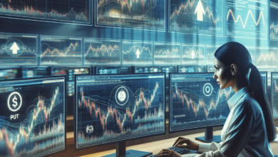 A trader intently analyzes multiple screens in a bustling stock market room, surrounded by vibrant charts and diagrams. The screens display upward and