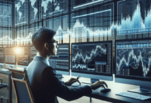 An attentive trader in a modern office, focused on multiple computer monitors displaying stock market data with graphs and charts, conveying a sense o