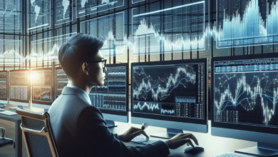 An attentive trader in a modern office, focused on multiple computer monitors displaying stock market data with graphs and charts, conveying a sense o