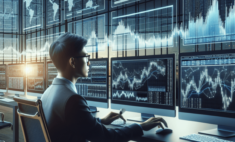 An attentive trader in a modern office, focused on multiple computer monitors displaying stock market data with graphs and charts, conveying a sense o