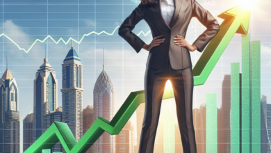 Confident Middle Eastern woman standing proudly on rising stock market graph.