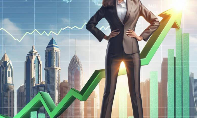 Confident Middle Eastern woman standing proudly on rising stock market graph.