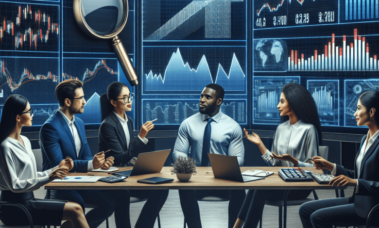 Three professionals discussing investment strategies with a laptop, calculator, and stock charts on the table, surrounded by stock market screens.