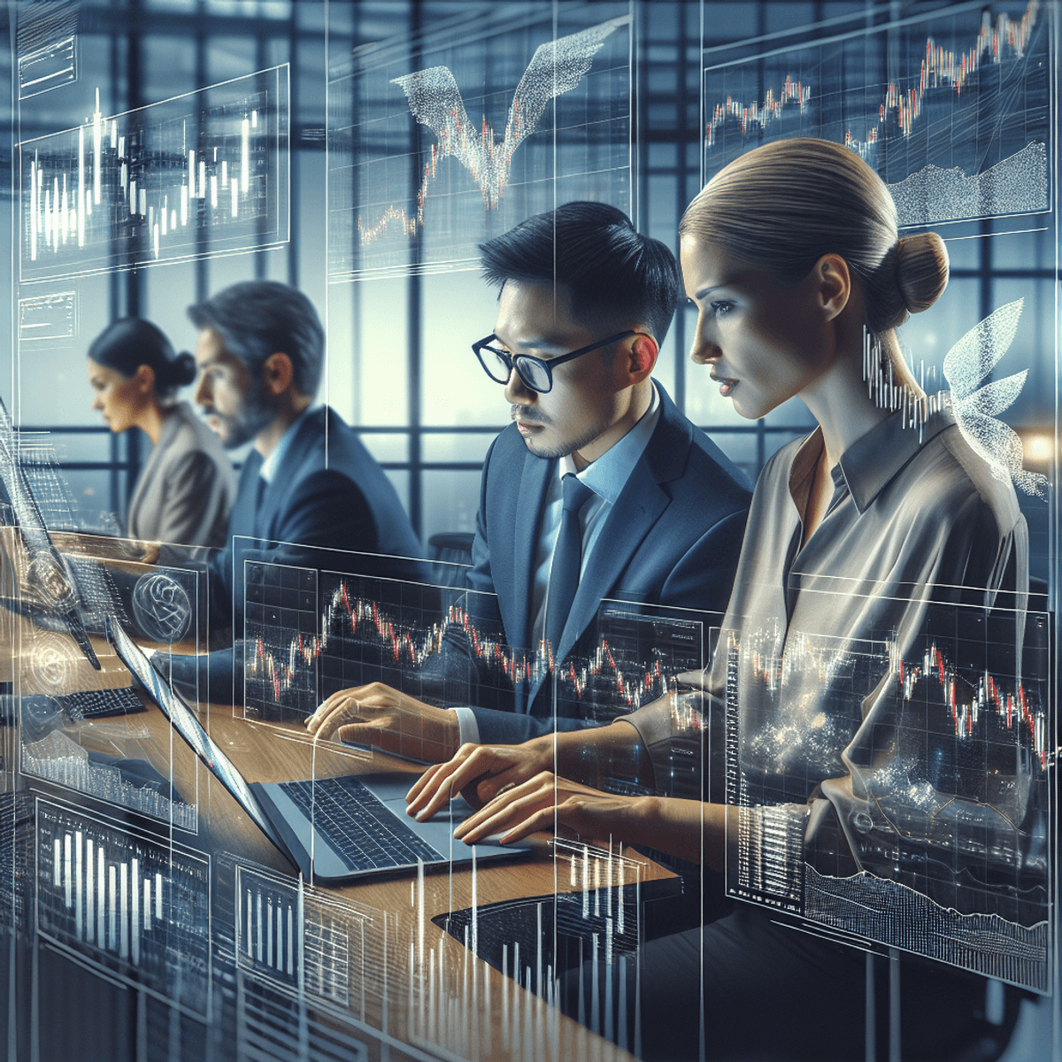 Two traders are seated at a modern office table, intently analyzing multi-leg order charts displayed on their laptops. The woman is pointing at her screen, while the man takes notes, both showing expressions of concentration. Surrounding them are multiple screens filled with colorful financial graphs and market data, creating a vibrant and dynamic atmosphere. The office is well-lit with a contemporary design, showcasing a blend of high-tech equipment and professional attire that reflects efficiency in trading.