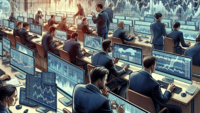 A busy trading office scene featuring focused traders analyzing financial charts on modern computer screens. The atmosphere is tense and determined, w