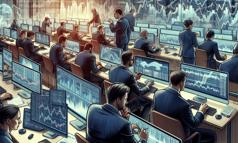 A busy trading office scene featuring focused traders analyzing financial charts on modern computer screens. The atmosphere is tense and determined, w