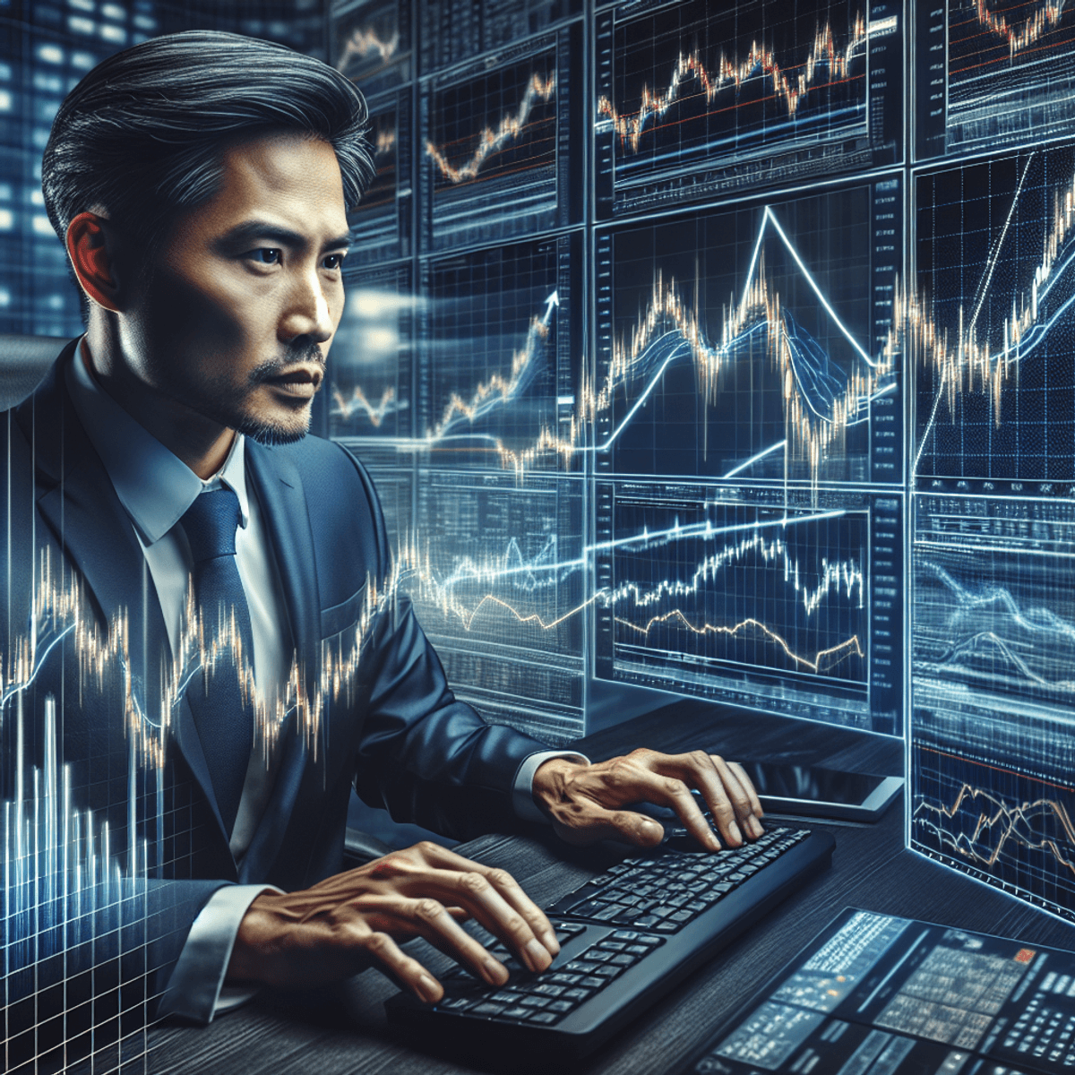 A confident male trader intensely analyzes financial data, surrounded by multiple digital screens showing upward trending graphs and trading charts. His fingers move swiftly across a keyboard, reflecting his focus on the various indicators and data streams around him. The screens are filled with symbols and figures representing Bull Call Spreads, while the trader's expression conveys deep concentration, with no text or legible information visible in the image.